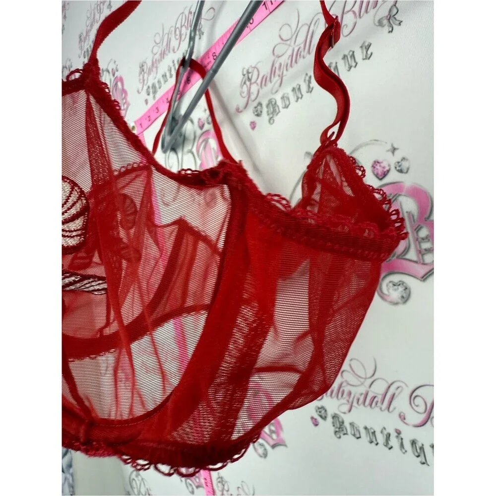Bra candy cane holiday Red Sheer Lace Balconette Bra